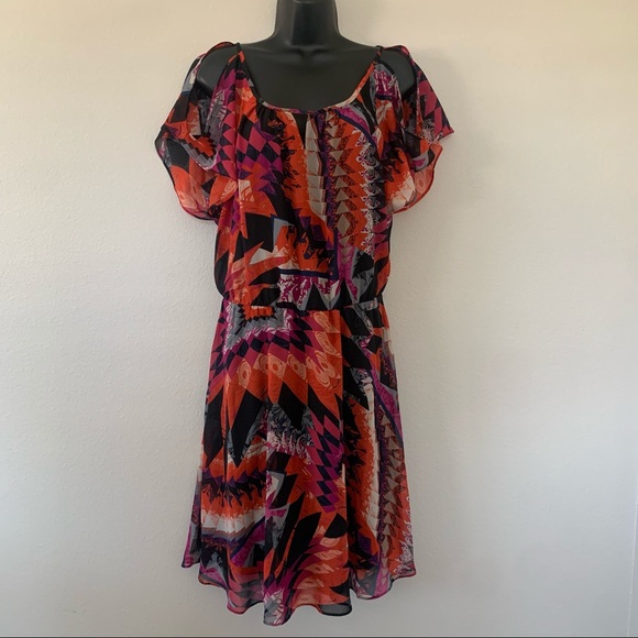 MSK Dresses & Skirts - MSK Multicolor Geometric Tribal Print Cold Shoulder Fit and Flare Dress
